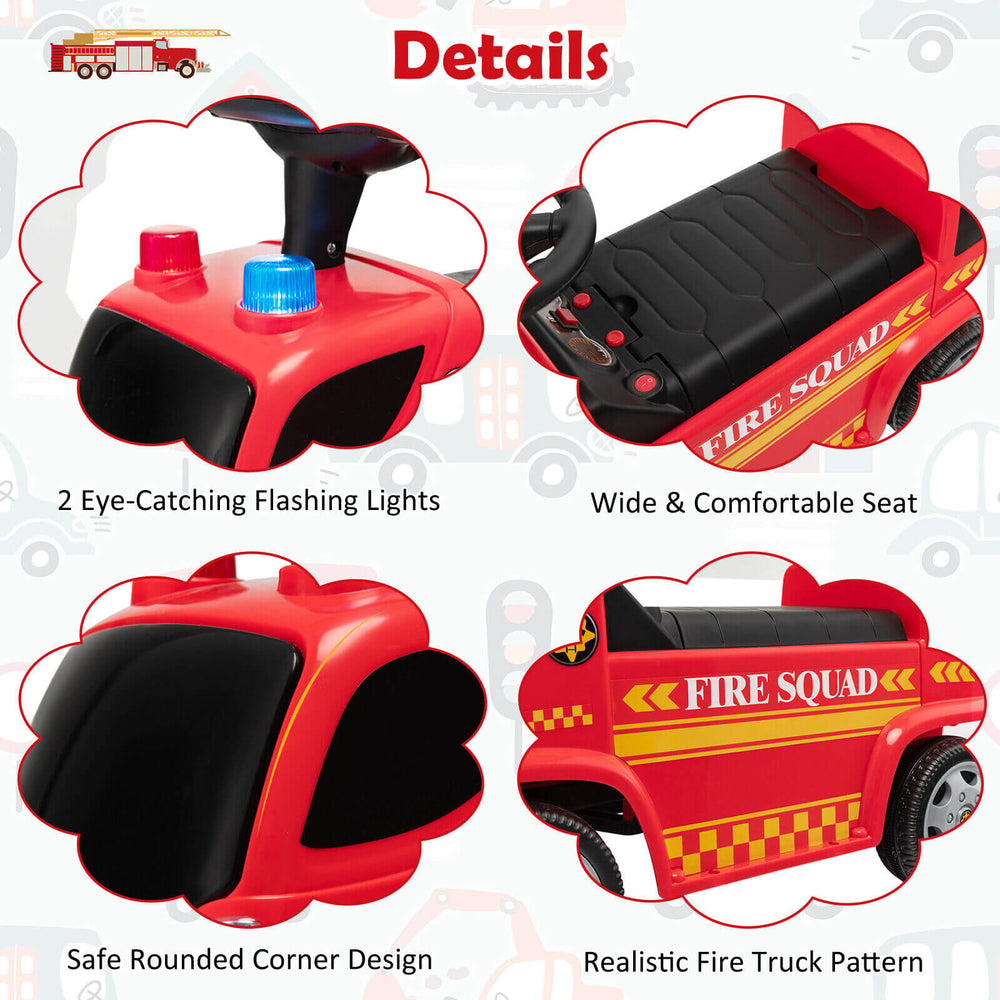 Kids push ride-on fire truck in red with flashing lights, comfortable seat, and bubble maker for toddlers aged 18-36.