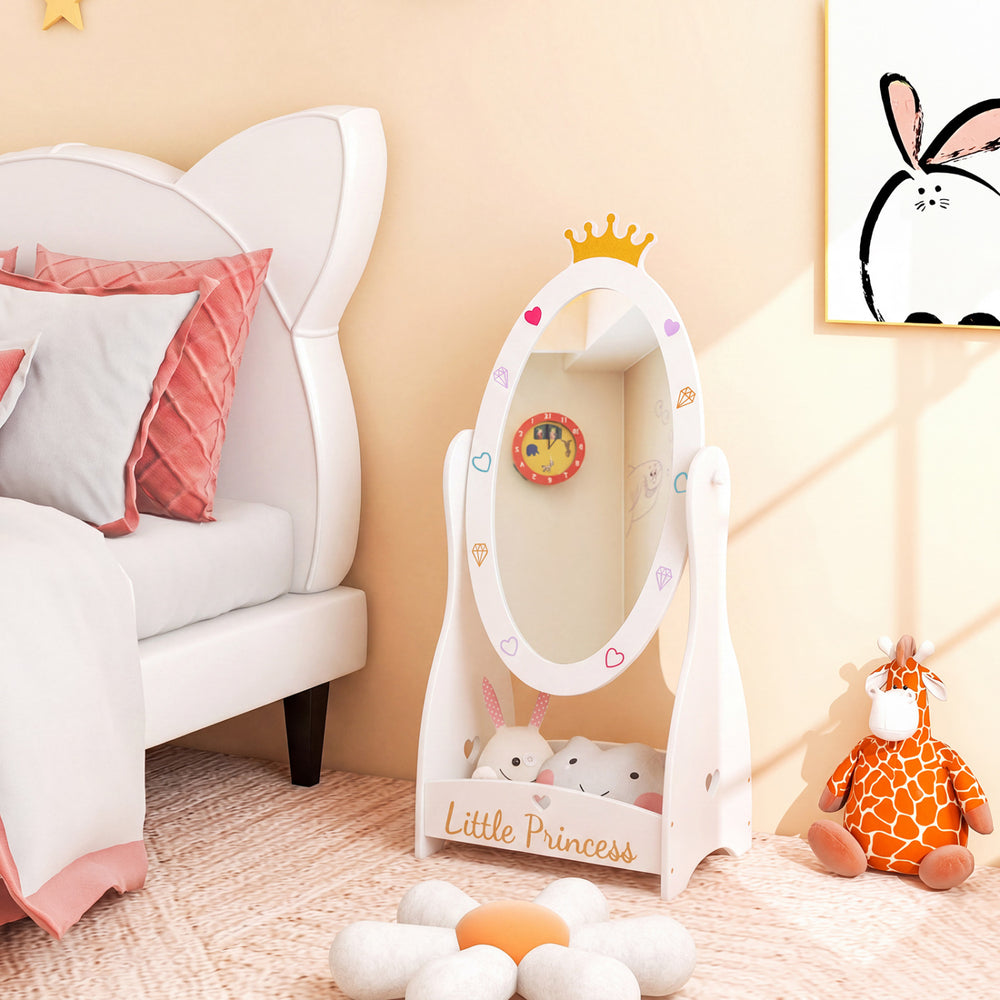 Kids Full Length Mirror with 360 Degree Rotatable Design and Shelf-White - Gallery View 1 of 9
