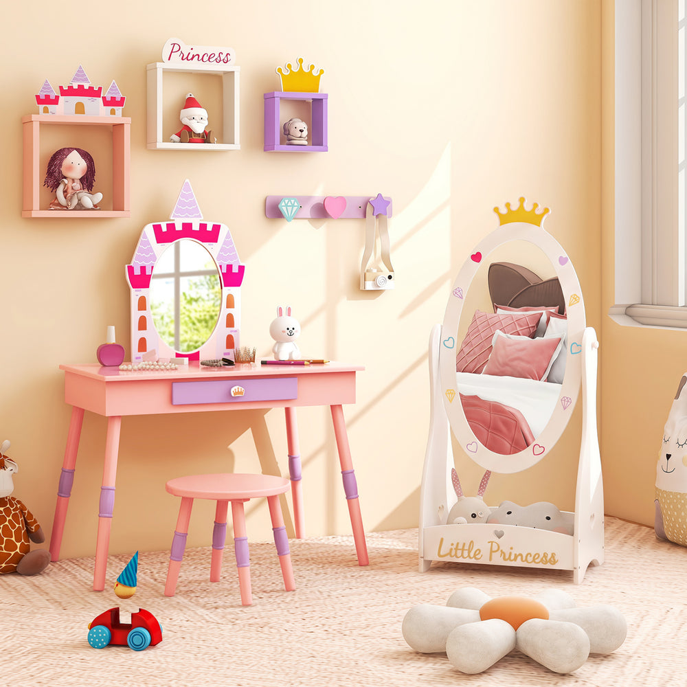 Kids full-length mirror with 360-degree rotatable design, stable base, and bottom shelf for organized storage.