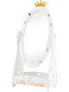 Kids full-length mirror with a rotatable design, white finish, and storage shelf, perfect for little princesses.