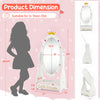 Kids full-length mirror in white with a 360-degree rotatable design and bottom shelf, perfect for organizing accessories.