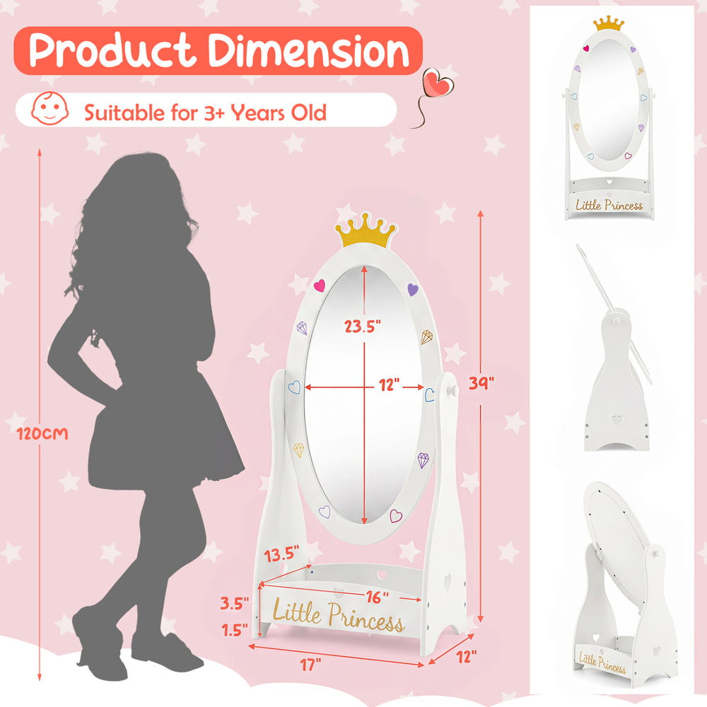 Kids full-length mirror in white with a 360-degree rotatable design and bottom shelf, perfect for organizing accessories.