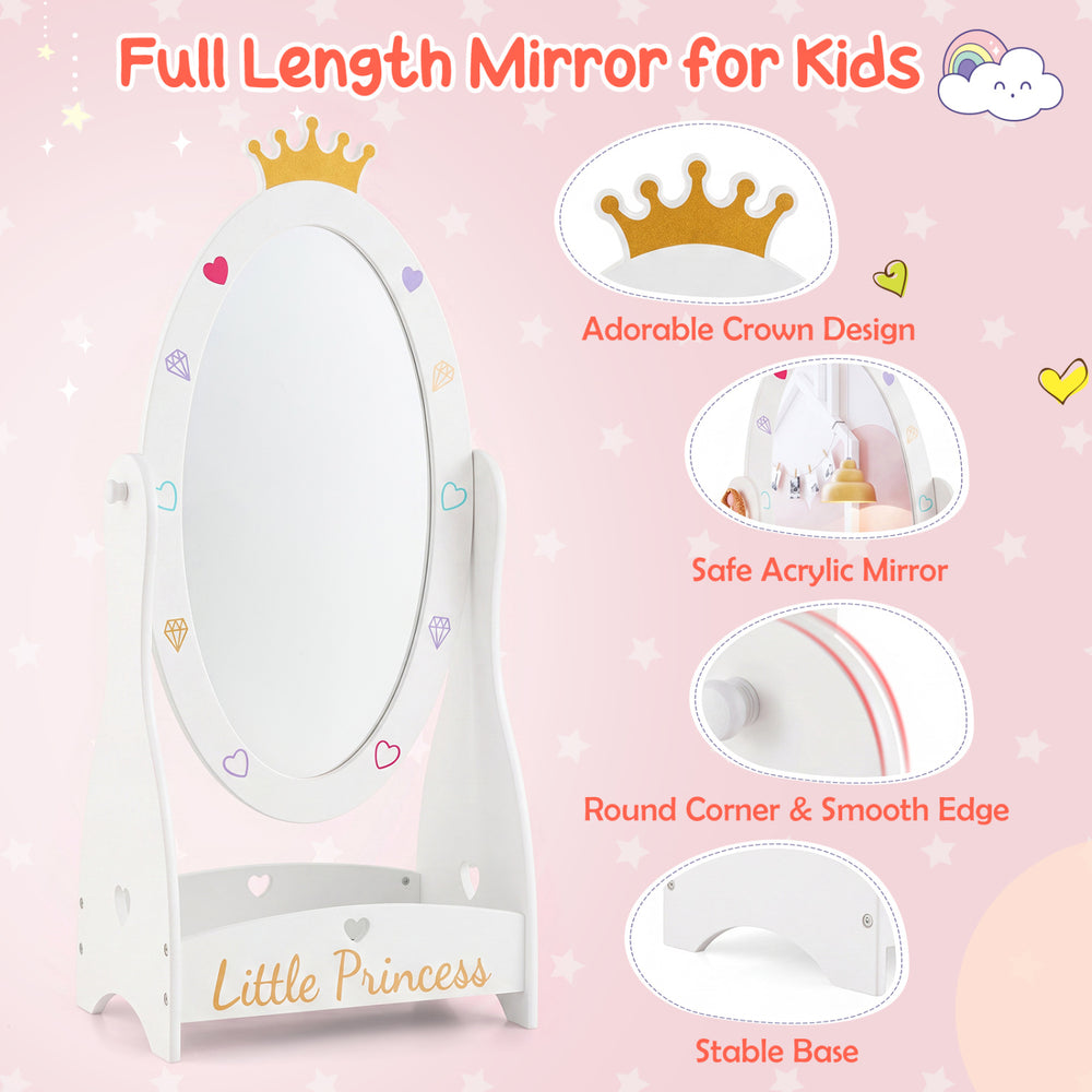 Kids full-length mirror with a crown design, 360-degree rotation, stable base, and bottom shelf for organized storage.