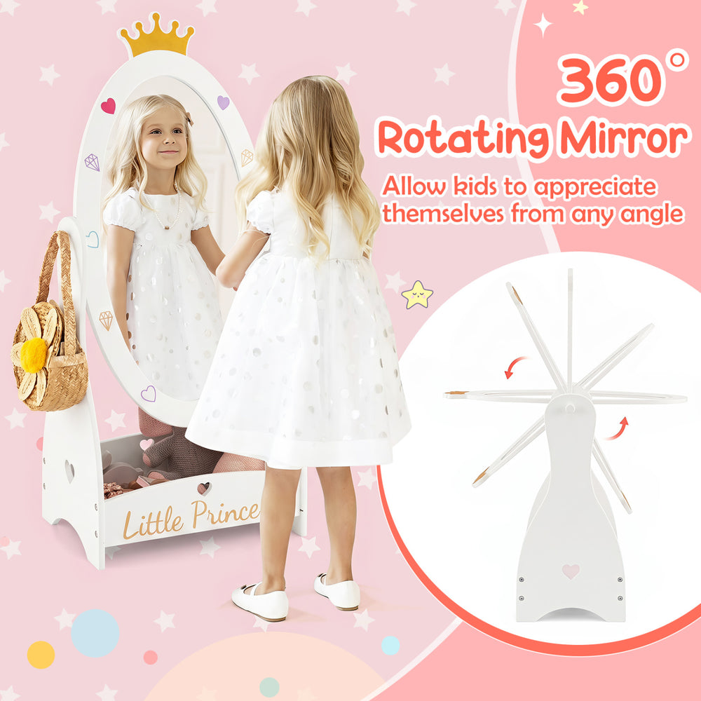 Kids full-length mirror with a 360-degree rotatable design, featuring a stable base and bottom storage shelf for organization.