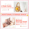 Kids full-length mirror with a rotatable design, featuring a bottom storage shelf and two side hooks for organization.