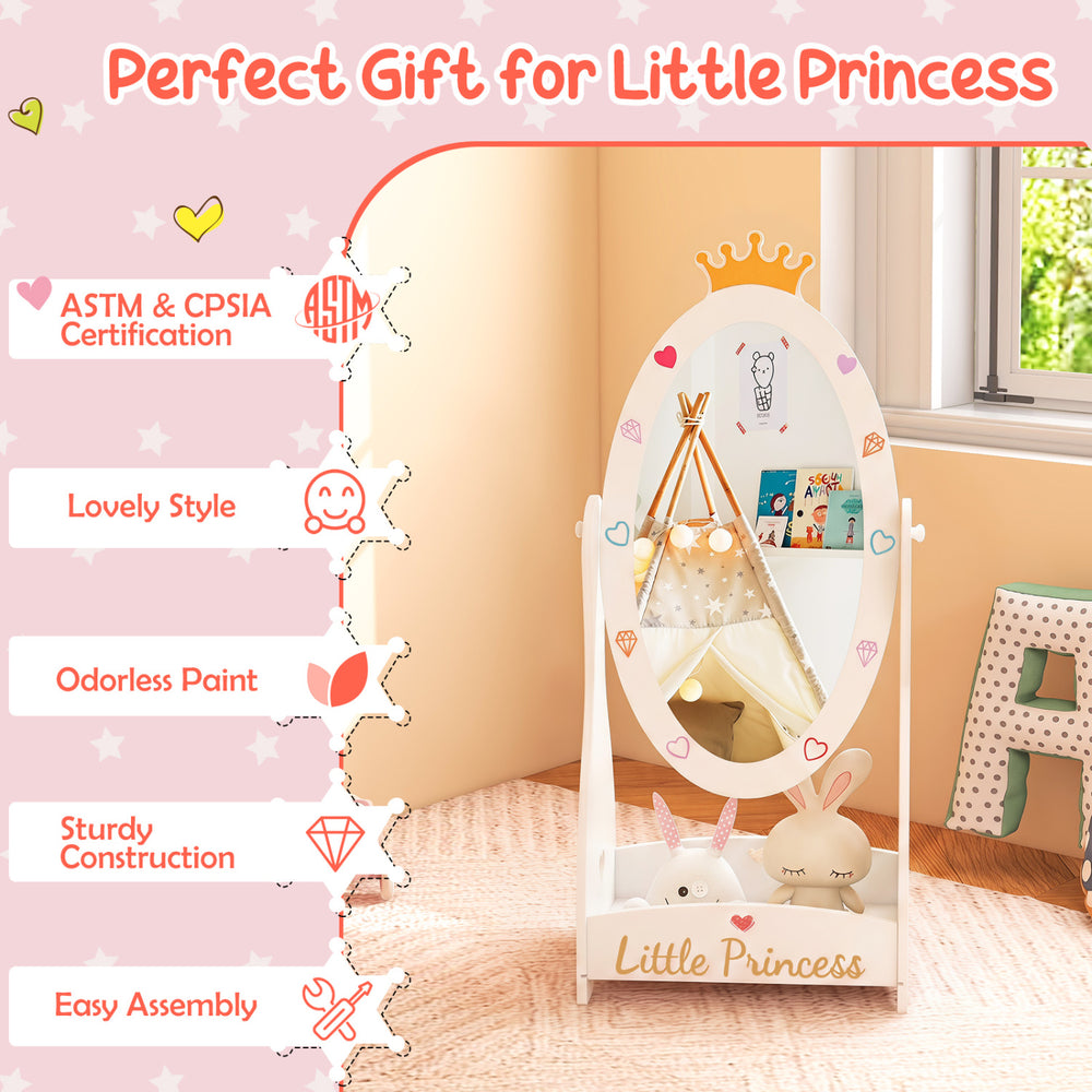 Kids full-length mirror with a 360-degree rotatable design, sturdy construction, and bottom shelf for organization.