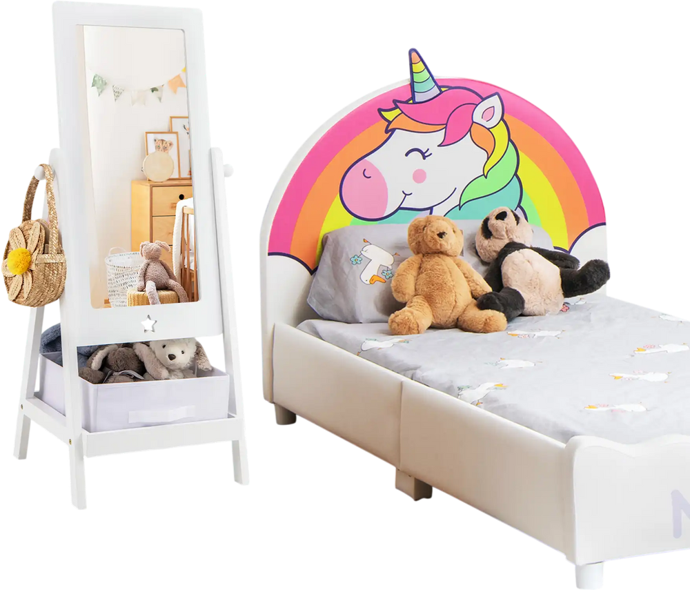 Kids full-length mirror with 360° rotation and storage bin, featuring a durable white design for easy dressing.