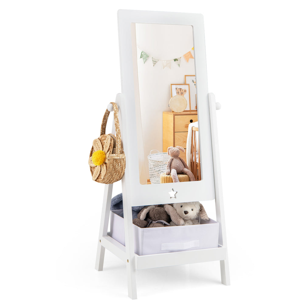 Kids full-length mirror with 360-degree rotation and storage bin, made of durable wood, perfect for dressing and play.