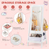Kids full-length mirror with 360° rotation, white finish, and storage bin for toys, shoes, and bags. Ideal for kids'.