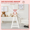 Kids full-length mirror with 360° rotation, durable wood, and storage bin for easy dressing and organization.