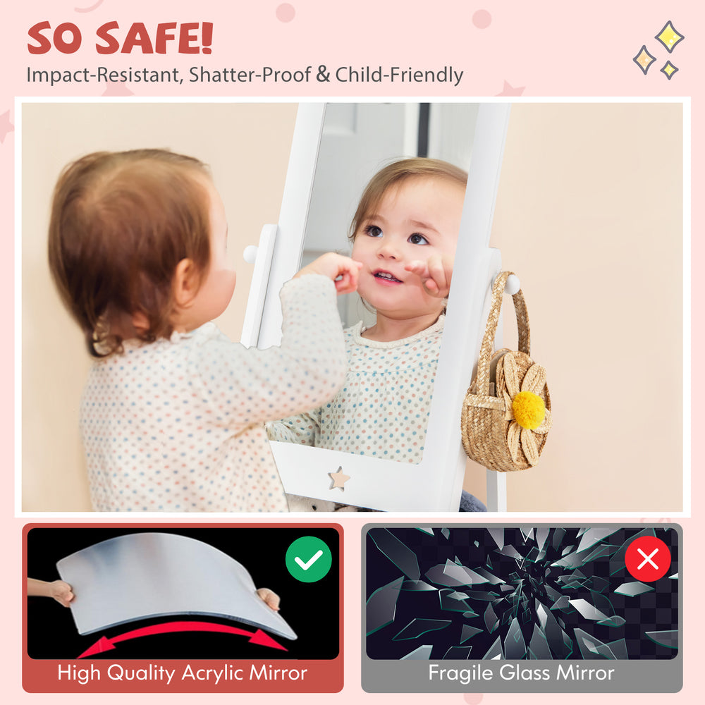Kids full-length dressing mirror with 360° rotation, impact-resistant acrylic, and durable wood for safe use.