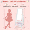 Kids full-length mirror with 360° rotation, white wood, storage bin, perfect for ages 3+ for dressing and play.