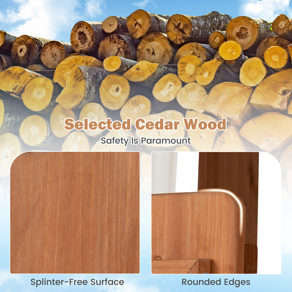 Close-up of the splinter-free surface and rounded edges of the brown cedar wood kids gas station playhouse for safety.