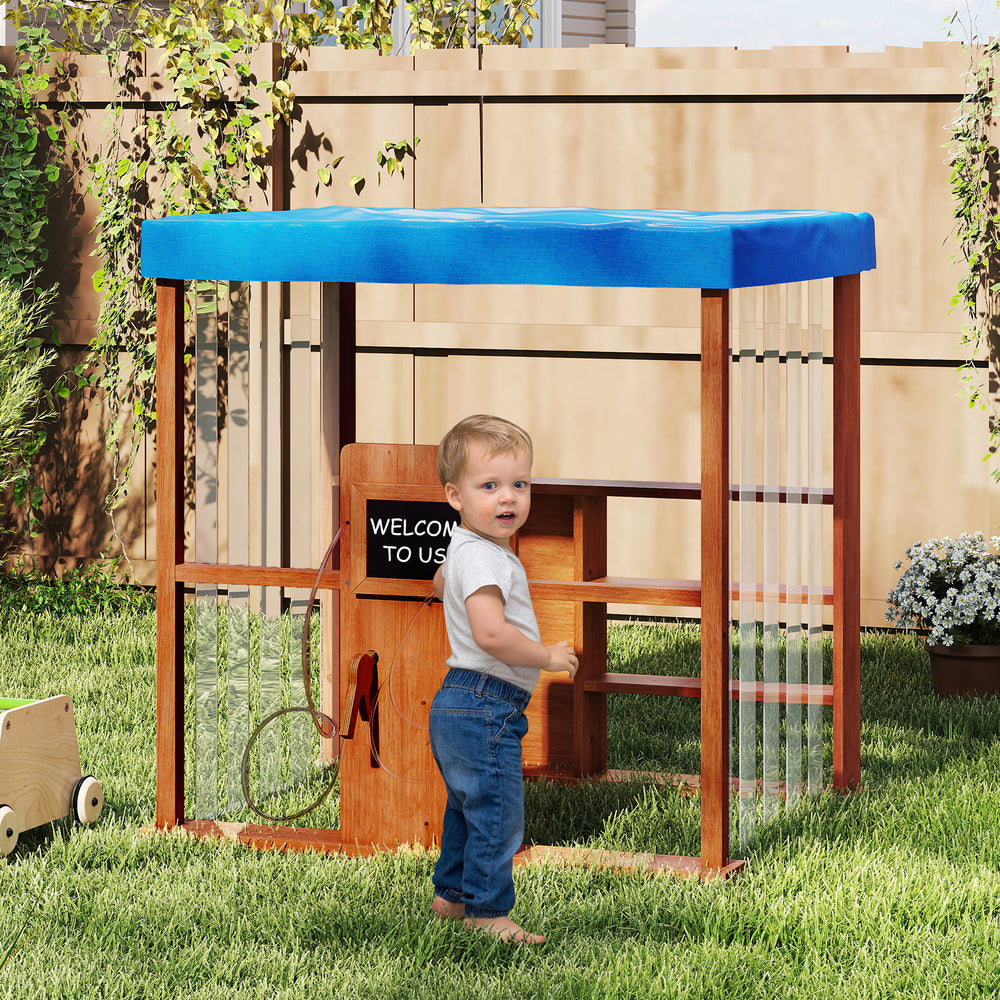 Kids Gas Station Playhouse with blue canopy, featuring gas refueling guns and storage shelves for imaginative play.