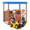 Kids Gas Station Playhouse with gas refueling guns, brown cedar wood, and waterproof canopy for imaginative outdoor.