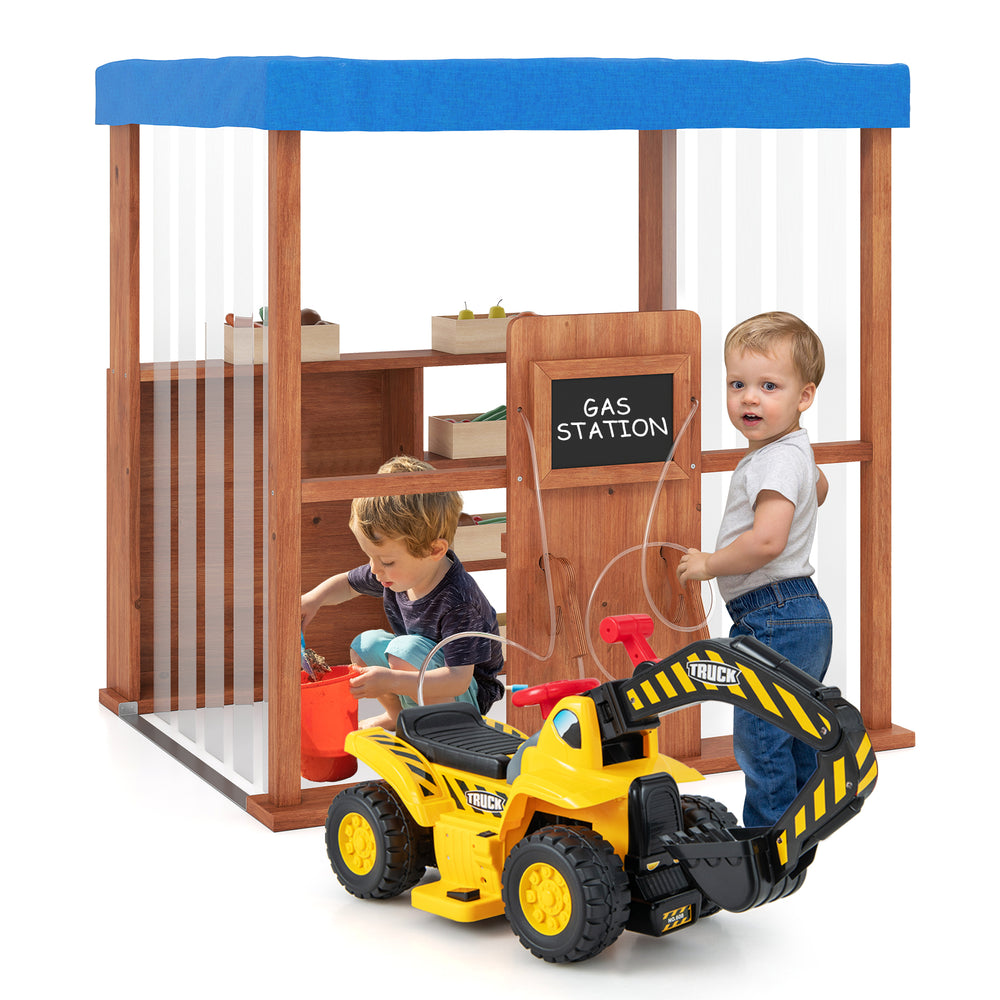 Kids Gas Station Playhouse with gas refueling guns, brown cedar wood, and waterproof canopy for imaginative outdoor.