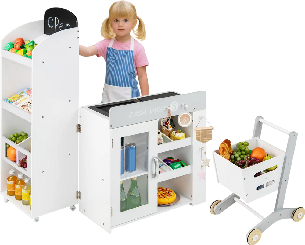 Kids grocery store playset with shopping cart, featuring a chalkboard, realistic scanner, and ample display space for.