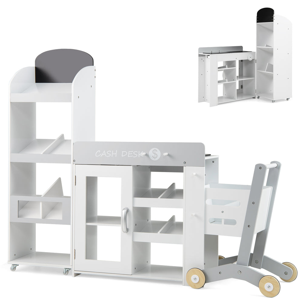 Kids grocery store playset in white with shopping cart, featuring a chalkboard, scanner, and ample display space for.