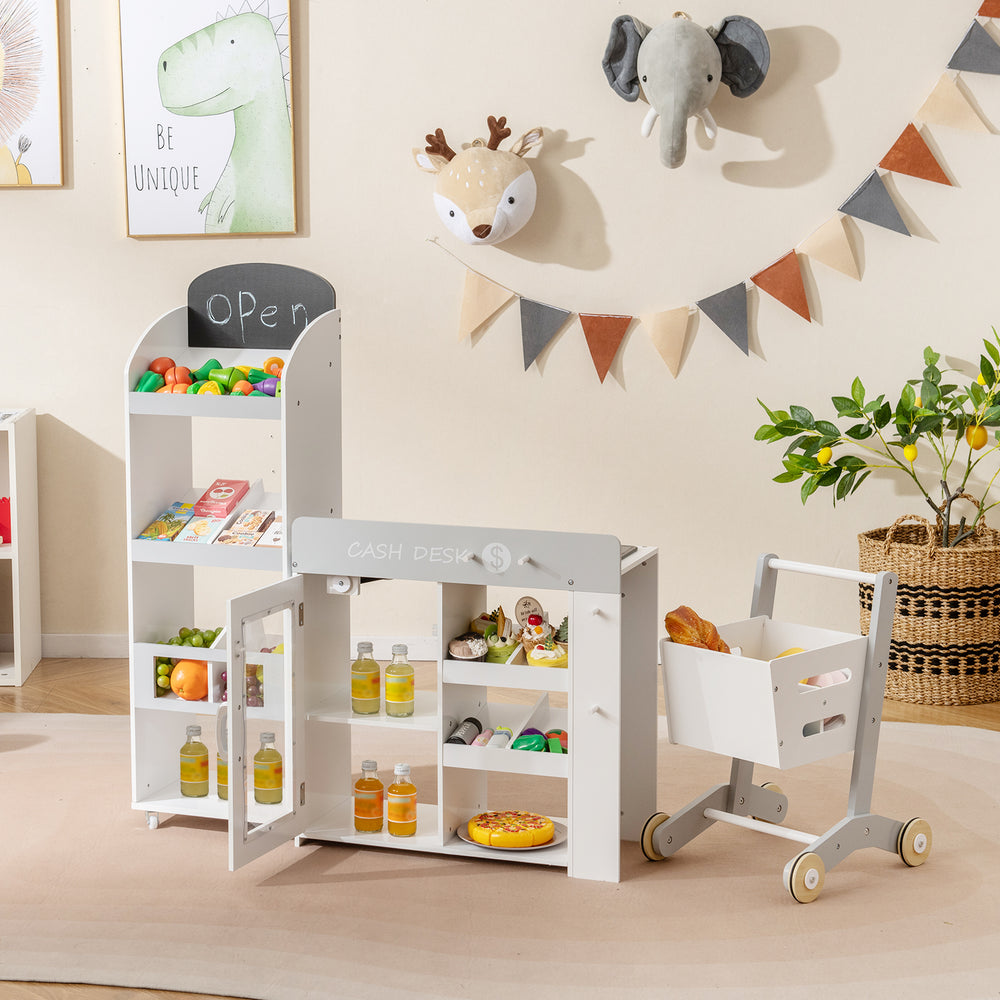 Kids grocery store playset with shopping cart, featuring a realistic scanner and ample display space for imaginative.