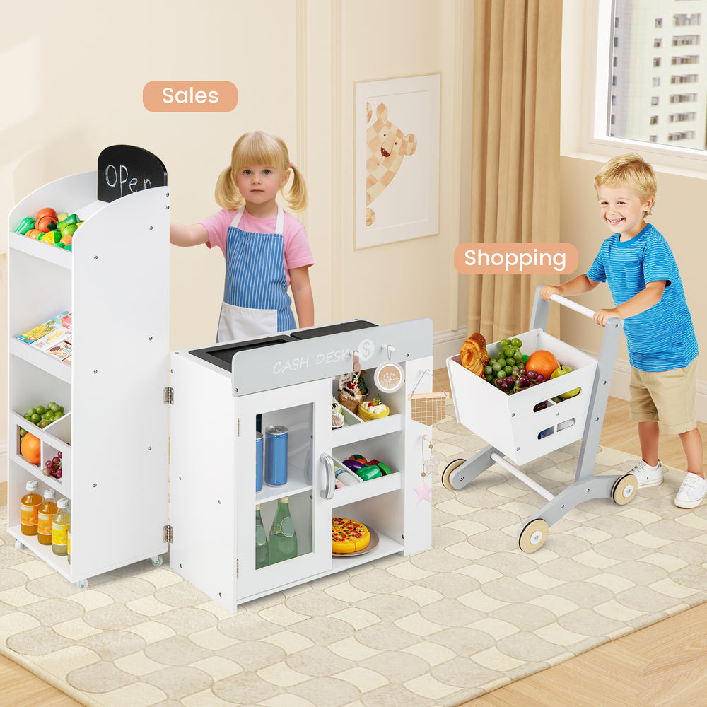 Kids grocery store playset featuring a white wooden design, shopping cart, and realistic scanner for imaginative play.