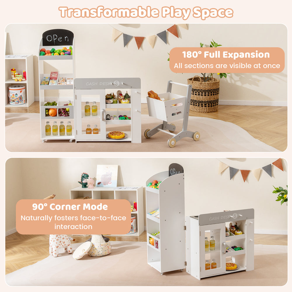 Kids grocery store playset in 180° full expansion mode, featuring a shopping cart and ample display space for.