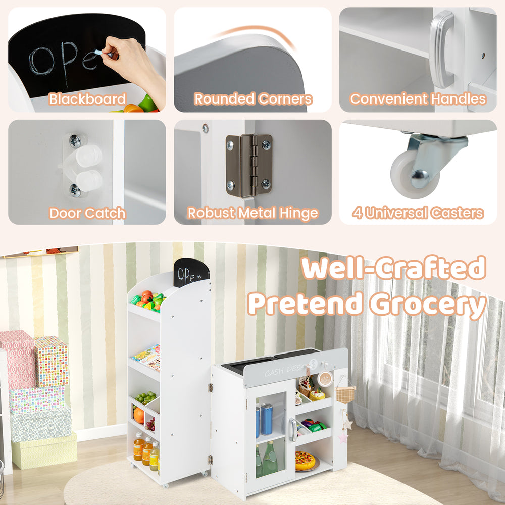 Kids grocery store playset with chalkboard, shopping cart, and movable checkout belt for imaginative play.