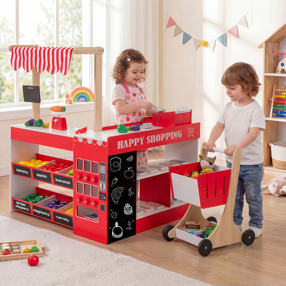 Kids Grocery Store Playset Wooden Pretend Play Supermarket with Shopping Cart-Red - Gallery View 1 of 11