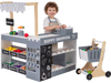 Kids grocery store playset with shopping cart, featuring a checkout counter, scanner, and organized accessory shelves.