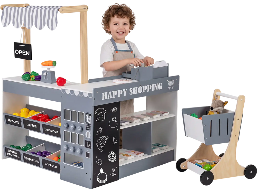 Kids grocery store playset with shopping cart, featuring a checkout counter, scanner, and organized accessory shelves.