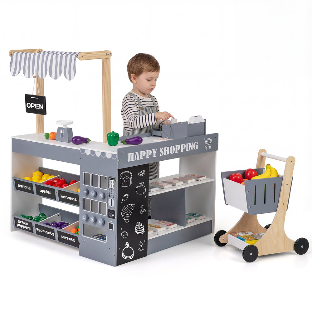 Kids grocery store playset in gray with shopping cart, checkout counter, and interactive accessories for imaginative.