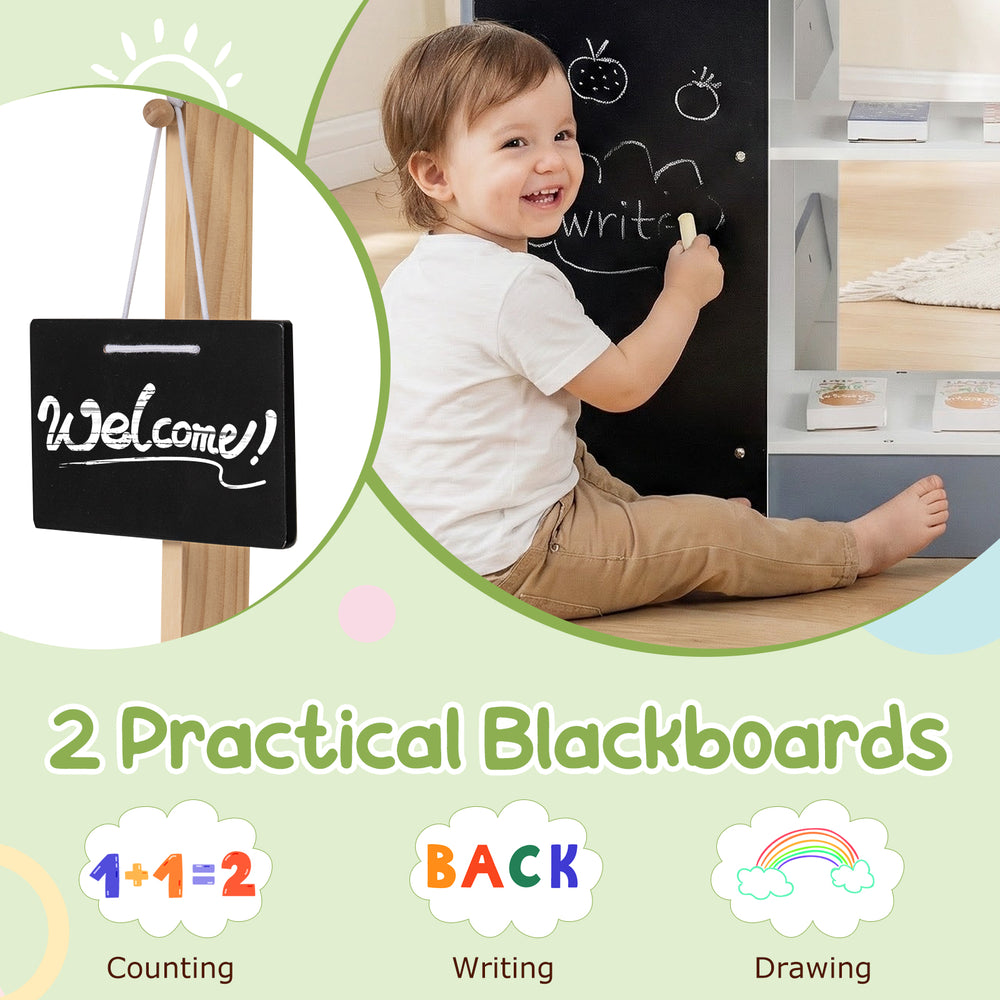 Kids grocery store playset with shopping cart, blackboards for counting and drawing, promoting imaginative role play.