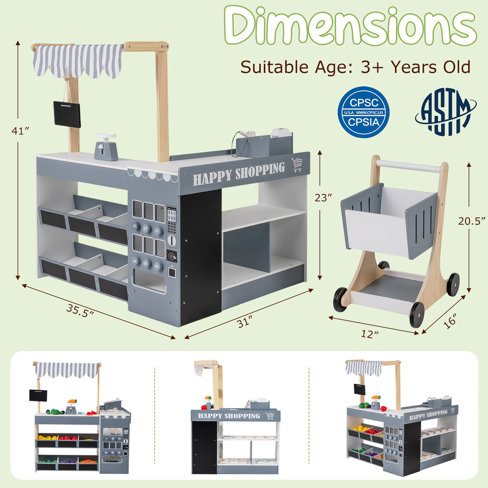 Kids grocery store playset with shopping cart, gray, featuring a checkout counter and interactive accessories for.