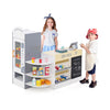 Kids grocery store playset with cash register, shelves, and 13 toy food items for imaginative role play.