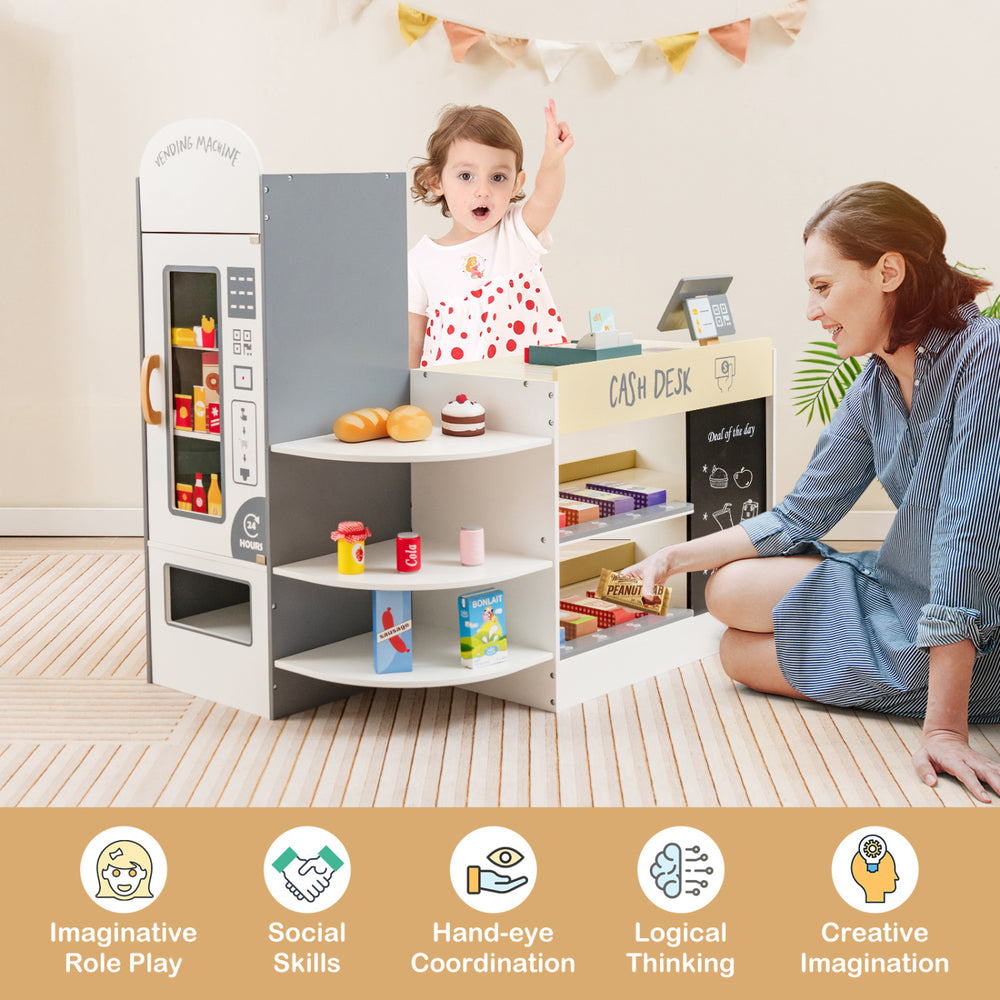 Kids grocery store playset with cash register, 13 toy food items, and shelves for imaginative role play and social.
