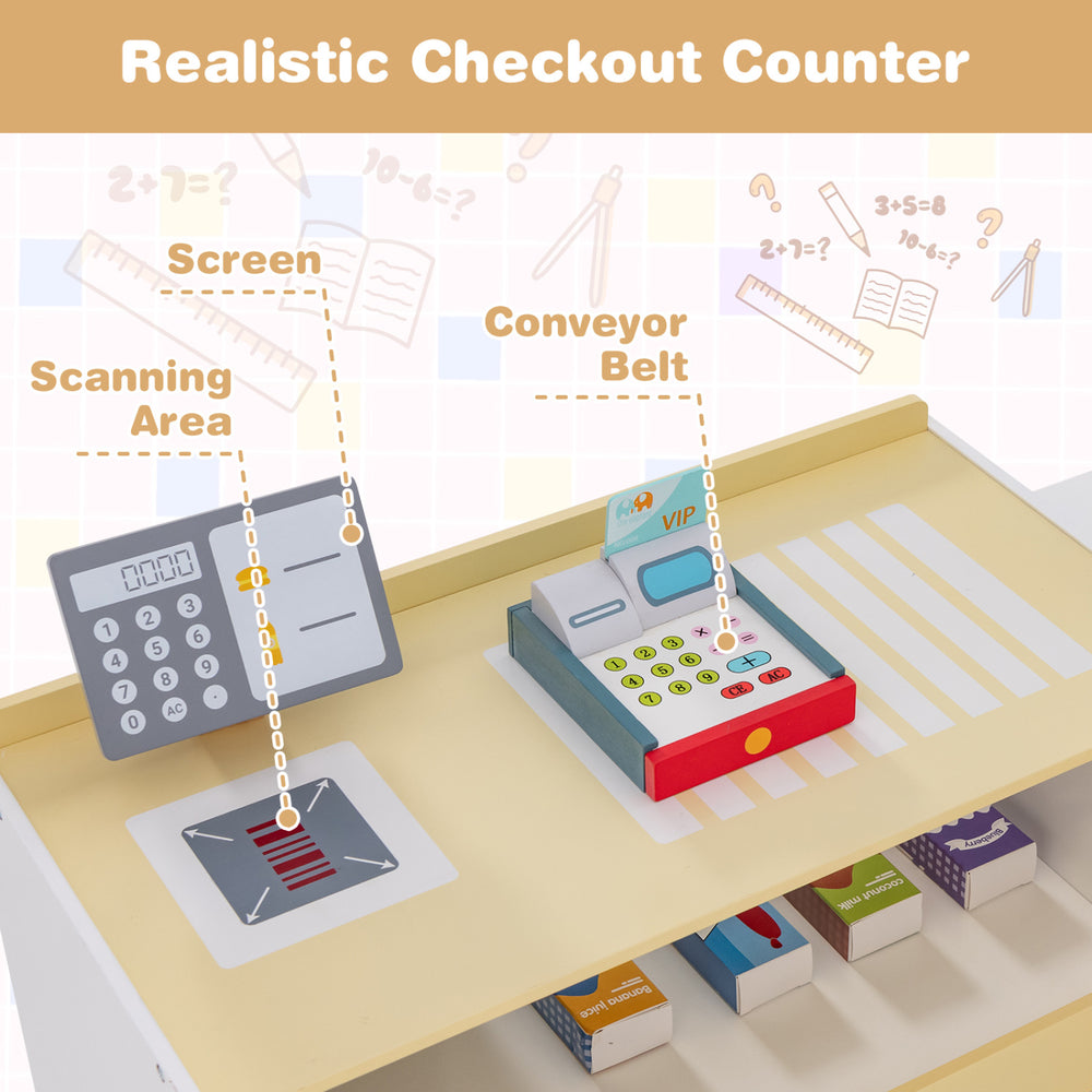 Kids grocery store playset checkout counter featuring a cash register, scanning area, and conveyor belt for imaginative.