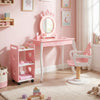 Kids hair salon play set featuring a pink vanity with LED mirror, swivel chair, and rolling storage cart for.