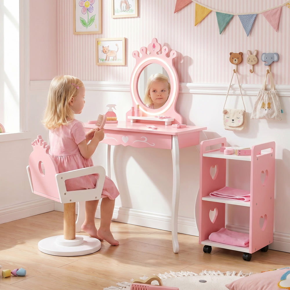 Kids hair salon play set with pink swivel chair and LED lighted mirror, perfect for imaginative play and storage.