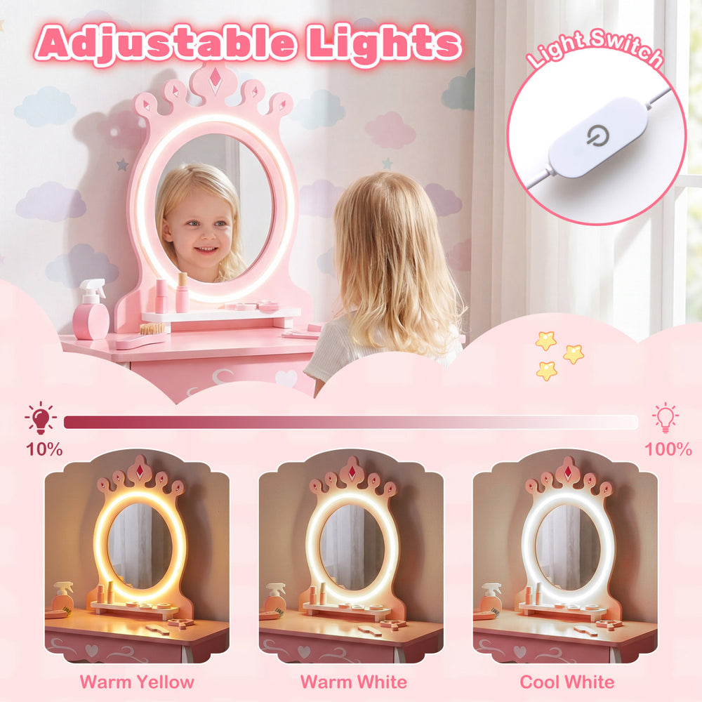 Kids hair salon play set with LED lighted mirror, adjustable brightness, and swivel chair for imaginative play in pink.