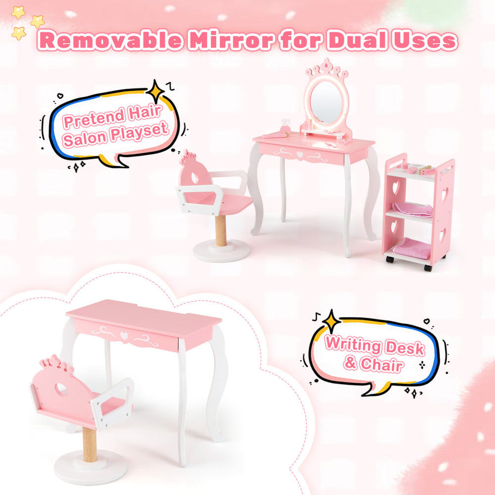 Kids hair salon play set featuring a pink vanity with removable LED mirror and swivel chair, perfect for imaginative.