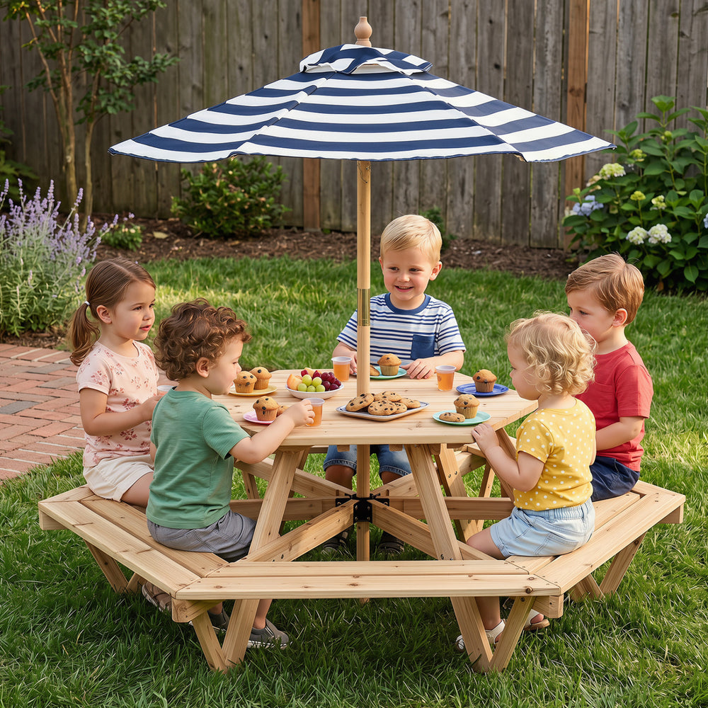 Kids hexagonal picnic table with adjustable umbrella, featuring six benches for outdoor fun and sturdy natural wood construction.