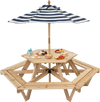 Kids hexagonal picnic table with adjustable umbrella, featuring solid wood construction and six benches for outdoor fun.