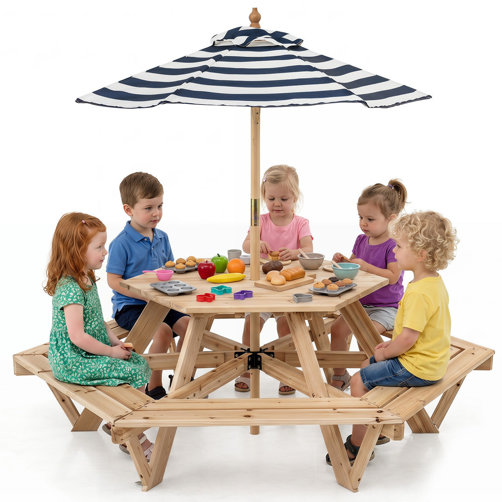 Kids hexagonal picnic table with adjustable umbrella, featuring six benches for comfortable seating and sturdy wood construction.