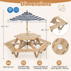 Kids hexagonal picnic table with adjustable umbrella, featuring solid wood, six benches, and waterproof fabric for outdoor fun.
