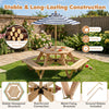 Kids hexagonal picnic table with adjustable umbrella, sturdy solid wood, and six benches for outdoor fun and stability.