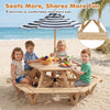 Kids hexagonal picnic table with adjustable umbrella and 6 benches for outdoor fun and seating comfort.
