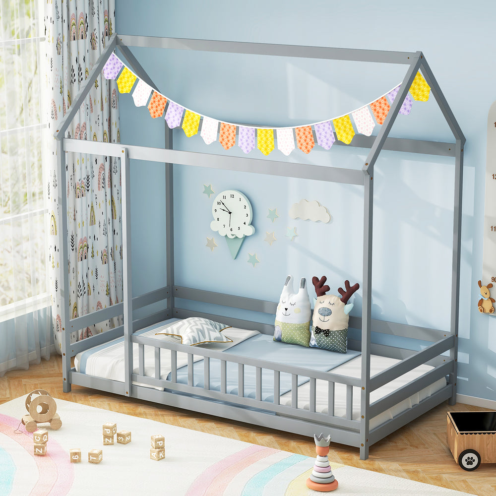Twin Size Kids House Bed Wooden Floor Bed with Roof and Full-length Safety Guardrail-Gray - Gallery View 1 of 8