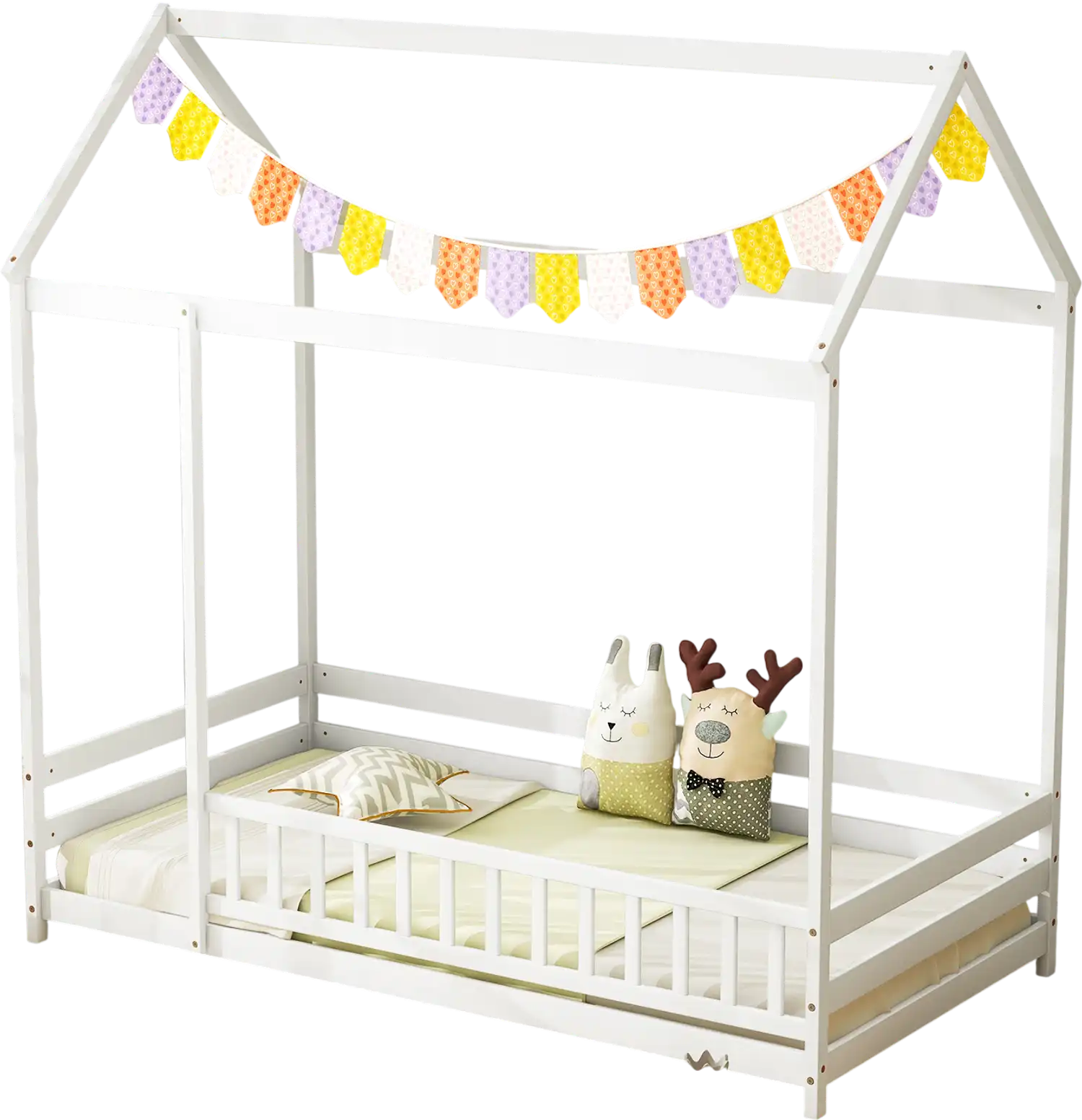Costway Twin Kids House Bed Wooden Floor Roof Guardrail White 41835926 New