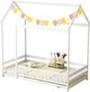 Twin size kids house bed in white with roof, safety guardrail, and playful decorations for imaginative sleep and play.