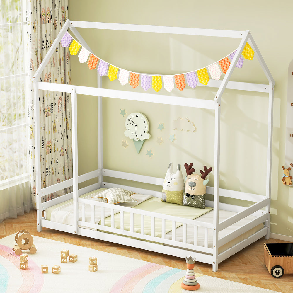 Twin Size Kids House Bed Wooden Floor Bed with Roof and Full-length Safety Guardrail-White - Gallery View 1 of 8