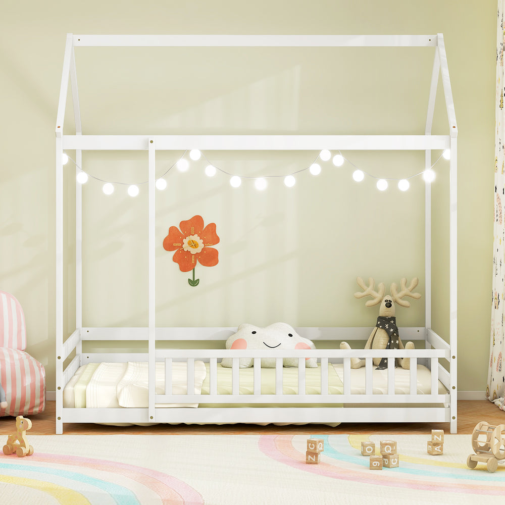 Twin size kids house bed in white with roof and safety guardrail, perfect for imaginative play and comfortable sleeping.